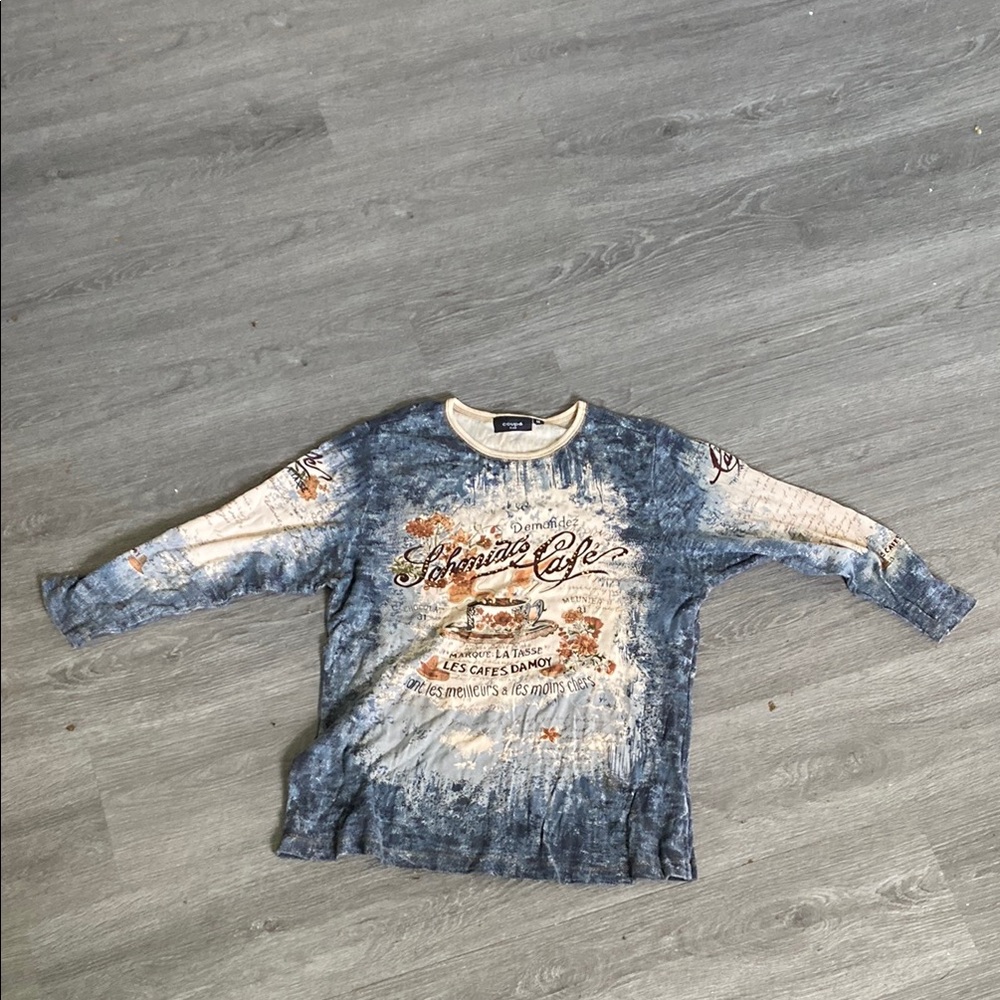 Blue and Cream Tie-Dye Sweatshirt with Graphic Design